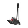 Red and grey cylinder vacuum cleaner, side view, showing hose and floor head