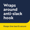 Promotional graphic: Wraps around anti-slack hook, keeps line taut and secure