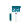 Pet hair remover roller with blue paw print design and extra refill, shown front view