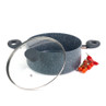 Grey speckled non-stick casserole pan with glass lid, shown with cherry tomatoes and red chilli.