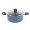 Grey speckled non-stick casserole pot with glass lid and black handles