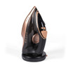 Cordless steam iron in black and rose gold, upright on base, shown for product listing.