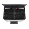 Silver pedal bin with two inner compartments, lid open, shown from above