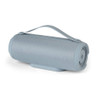 Light blue portable Bluetooth speaker with carry handle, shown at an angle.