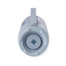 Blue insulated bottle shown from base with carry handle, highlighting textured grip.