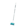 Pet hair roller mop with long silver handle and paw print blue roller.
