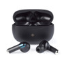 Black wireless earbuds and charging case in studio view