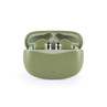 Olive green wireless earbuds in matching open charging case, front view.