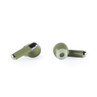 Pair of olive green wireless earbuds with silver tips, shown on white background