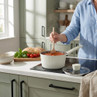 White ribbed saucepan with tomato soup on hob, person stirring with wooden spoon