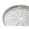 Stainless steel round steamer insert with drainage holes, shown in close up.