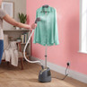 Clothing steamer in use on light green shirt, upright in home setting