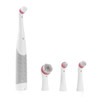 Electric toothbrush with soft grey grip and four replacement heads on white background