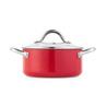Red saucepan with stainless steel handles and glass lid, shown from the front.