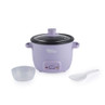 Purple Giles & Posner rice cooker with bowl and spoon, shown on white background