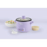 Purple rice cooker with lid, showing cooked rice, with bowl of rice and measuring cup