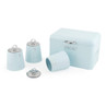 Set of pastel blue bread bin and canisters for tea, coffee, and sugar with chrome lids.