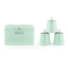 Set of mint green kitchen canisters for bread, tea, sugar, and coffee