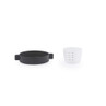Black microwave accessory ring and clear plastic measuring cup, 80ml max, side by side