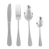 Set of four silver stainless steel cutlery pieces: knife, fork, tablespoon and teaspoon.