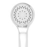 Chrome handheld shower head, round design with grey spray nozzles, front view
