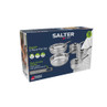 Salter expert 5 piece stainless steel pan set packaging with heat-resistant handles