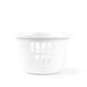 Light blue plastic laundry basket with open sides, shown on a white background
