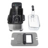 Stainless steel electric deep fryer with removable basket and lid, shown disassembled.