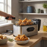 Stainless steel deep fat fryer with basket of cooked fried chicken on kitchen counter