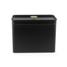 Black metal storage tin with gold knob lid, shown front view