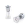 Pair of Salter clear acrylic and silver salt and pepper mills, front view