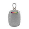 Portable grey wireless speaker with rainbow LED bar and carry loop, front view