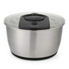 Stainless steel salad spinner with black and clear lid, shown on white background