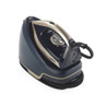 Navy and gold steam generator iron with base, angled side view