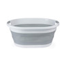 Collapsible grey and white laundry basket with side handles