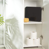 Black Salter bathroom scale stored on shelf beside natural sponge and toilet rolls