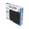 Black electronic bathroom scale in Salter branded retail box, angled view