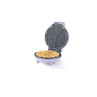 Purple waffle maker with baked waffles, shown open on white background