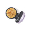 Purple waffle maker open with heart-shaped waffles inside, shown from above