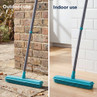 Blue rubber broom shown for indoor and outdoor use on hard floors.