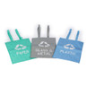 Set of three recycling bags for paper, glass & metal, and plastic, assorted colours.