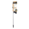 Grey soft bristle broom with telescopic handle in retail packaging, ideal for hard floors