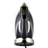 Smart steam iron with touch screen controls showing fabric settings, black and gold finish