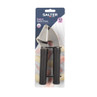 Stainless steel garlic press with black handles in packaging