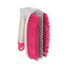 Pink and grey handheld cleaning brush with stiff bristles, angled view