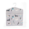 Grey peg bag with colourful dog print, zip closure and hanger