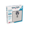 Boxed Salter compact mechanical scale with magnified display, shown in white.