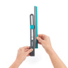 Grey and turquoise window squeegee held in both hands, showing adjustable handle.