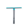 Grey and teal window squeegee with straight handle, shown on white background