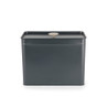 Black metal bread bin with flat lid and wooden handle, shown front-on.